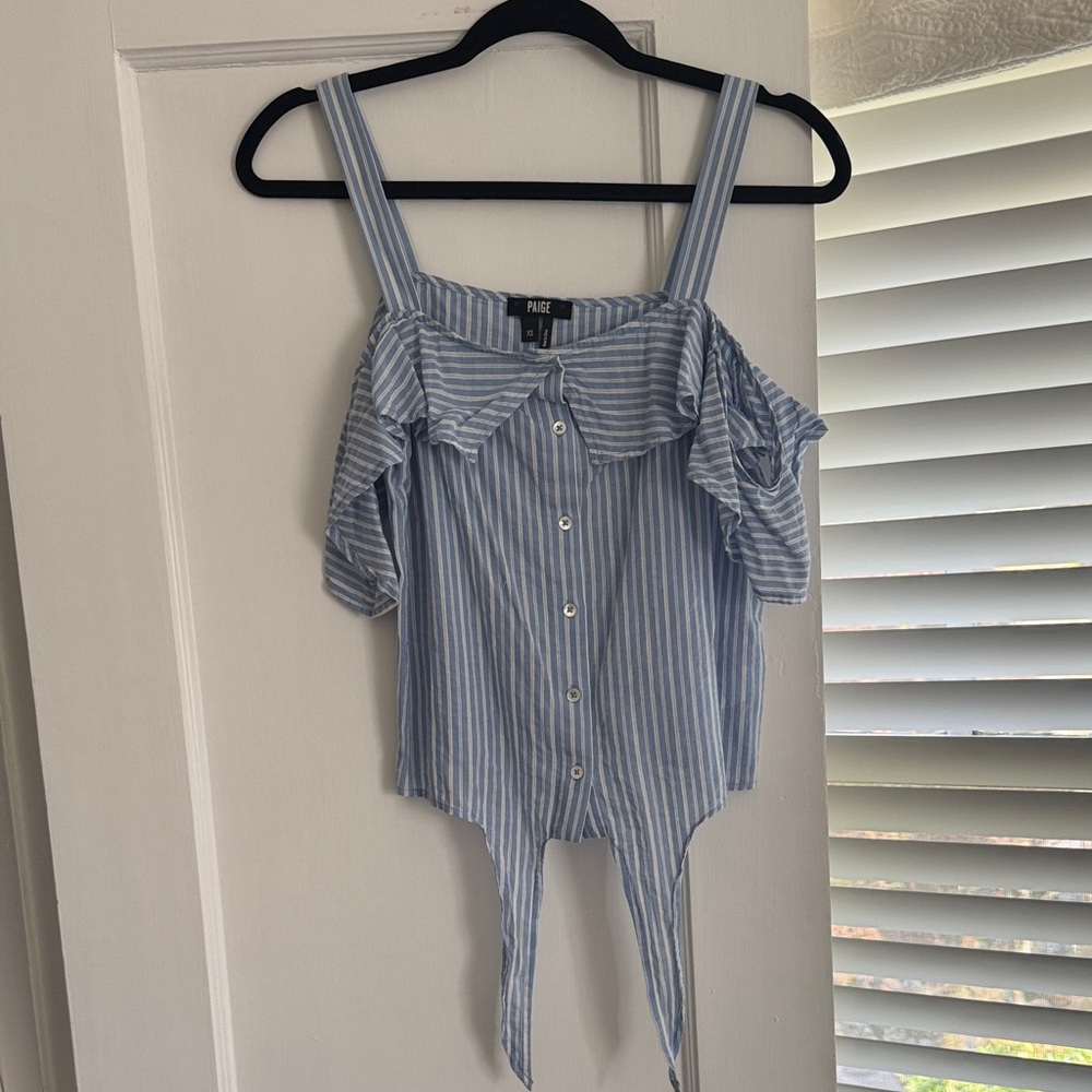 PAIGE Blue and White Striped Off-Shoulder Blouse
